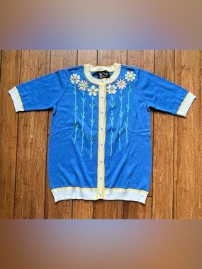 Bob Mackie Wearable Art Cardigan Blue Cobalt with Yellow Trim Size XS